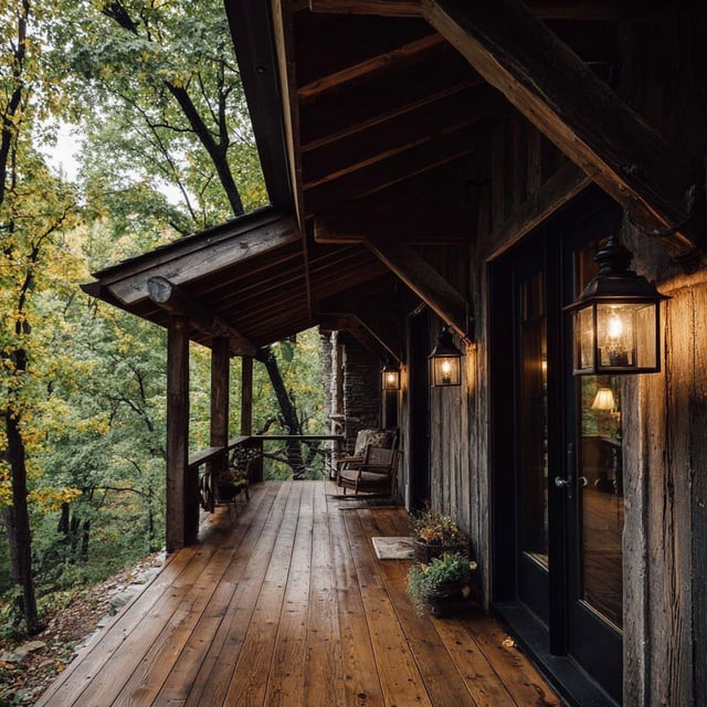 A rustic cabin porch with a deep roof overhang, weathered wood siding, and glowing lantern lights, featuring wide wooden plank flooring that runs along the covered deck overlooking a wooded forest.