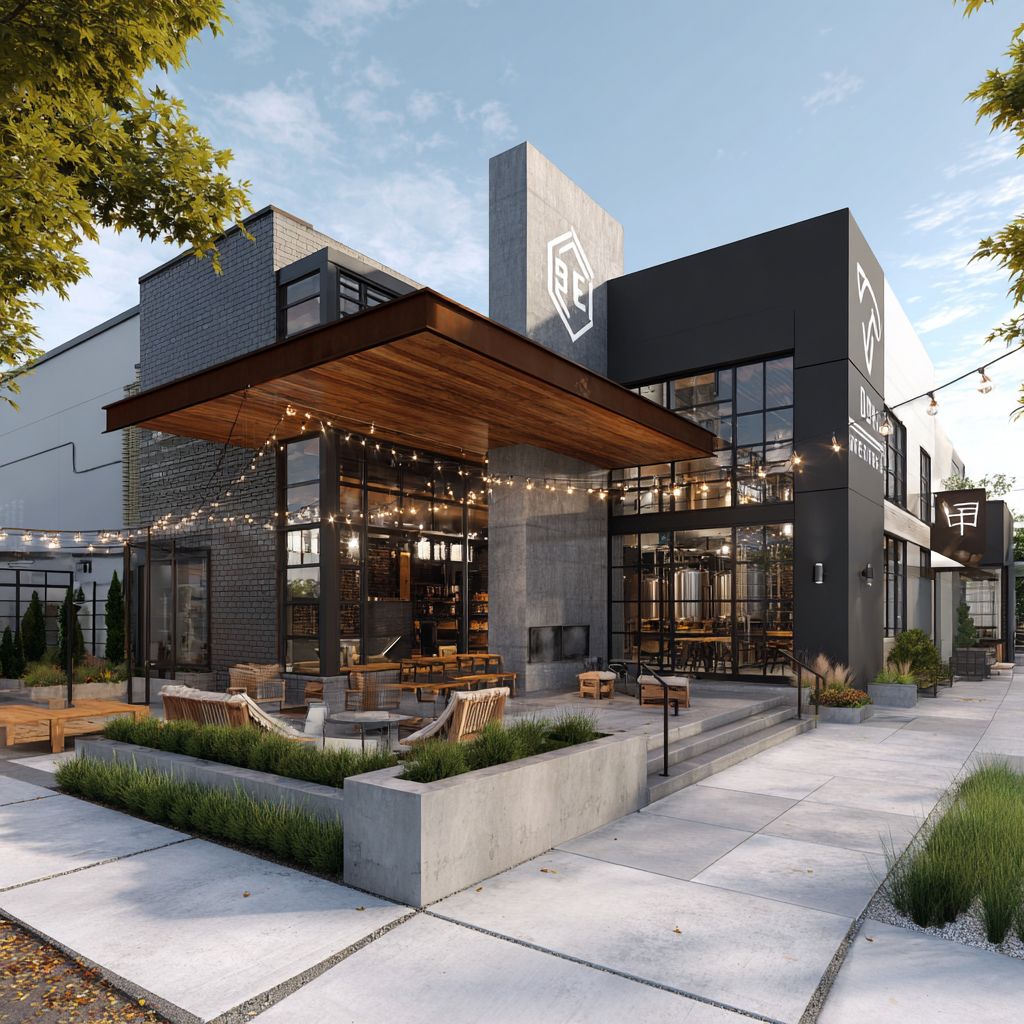 A modern, inviting craft brewery exterior with an outdoor patio featuring string lights and seating.