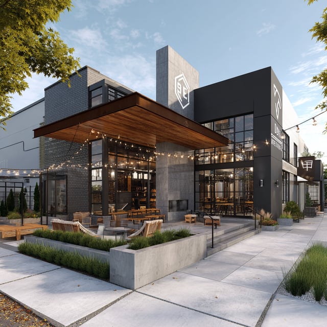 a modern craft brewery exterior with a patio
