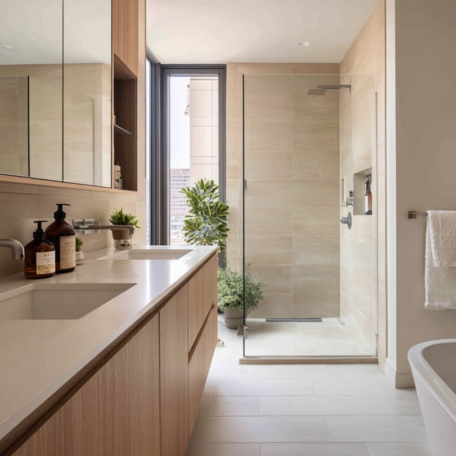 A bright, modern bathroom featuring a light wood double vanity with white countertops, a glass-enclosed shower with beige tiled walls, and a large window providing natural light and a city view.