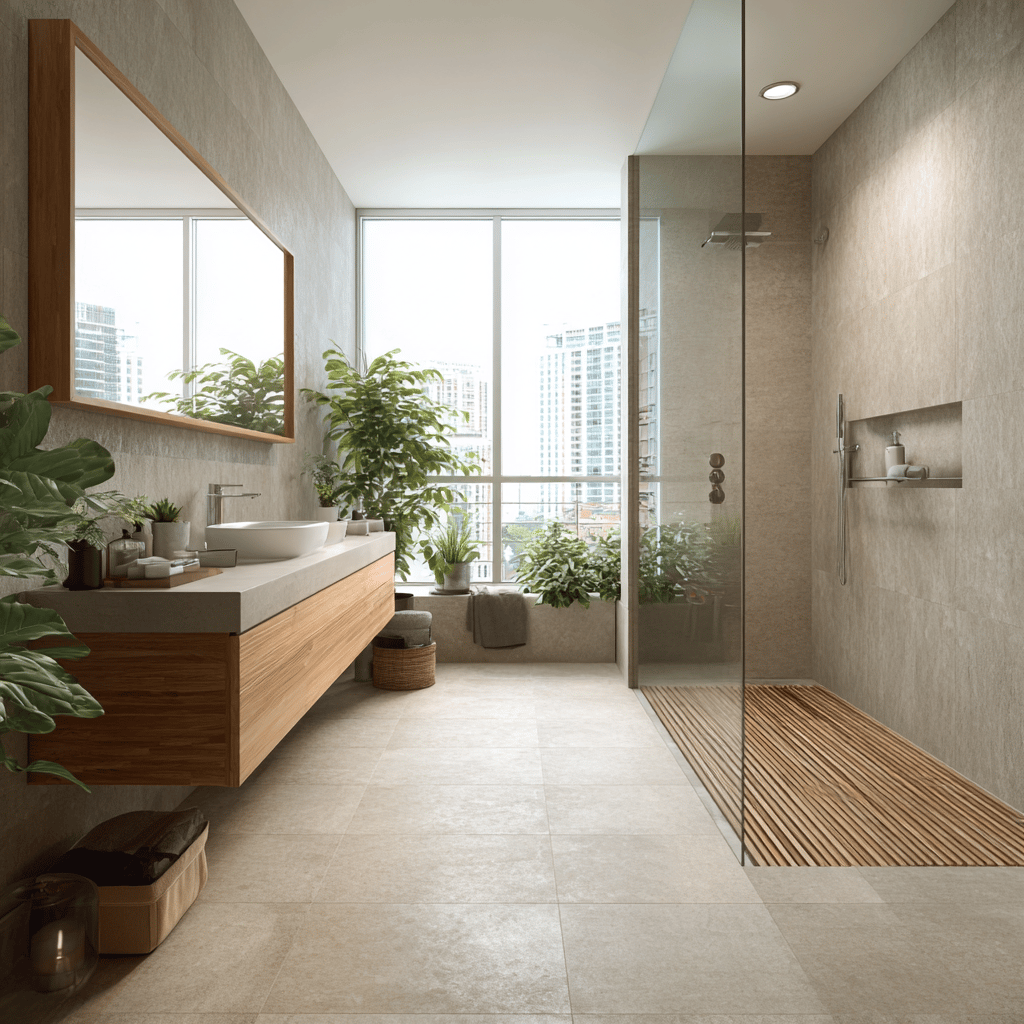 Modern bathroom vanity with backlit mirror and folded towels.