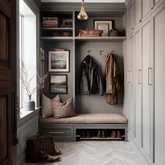 Grey mudroom with a storage bench, hooks, and wood flooring.