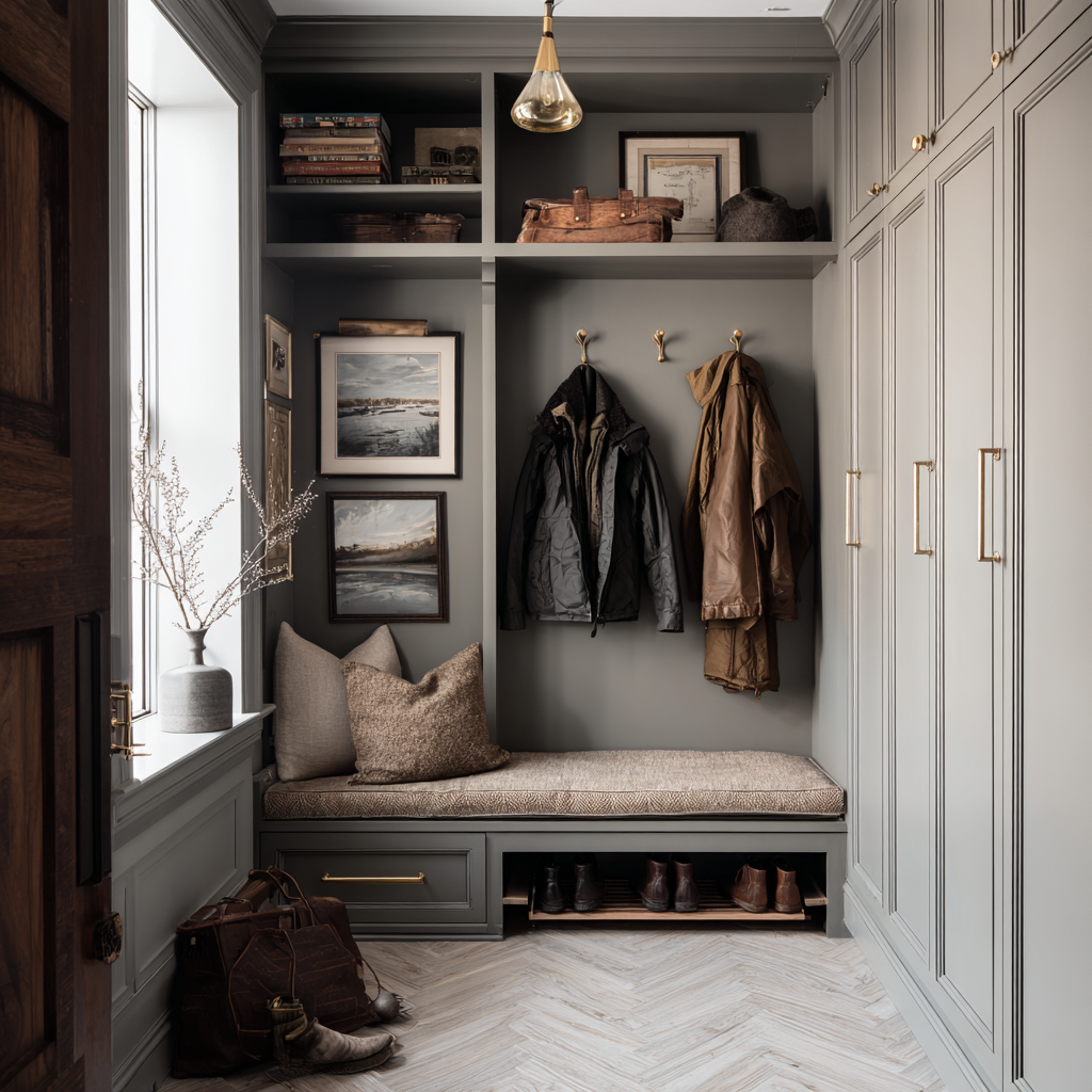 Classic transitional mudroom with soft gray built-in cabinetry, a cushioned bench seat, brass hooks and pulls, open cubbies, framed artwork, a warm brass pendant light, and pale herringbone-pattern wood flooring for a cozy, tailored look.