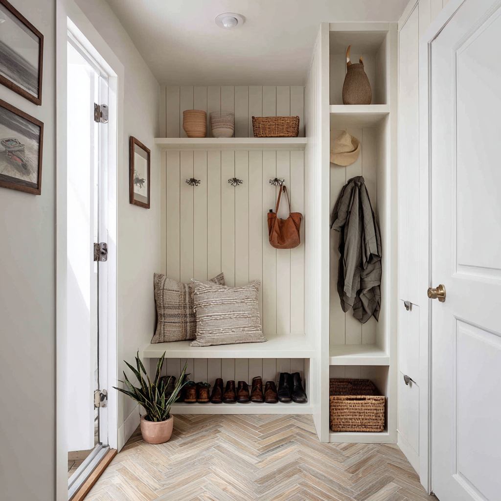 Ultra-compact mudroom with soft white beadboard walls, built-in bench seating, open cubbies, wall hooks, and woven storage baskets, styled in a light coastal farmhouse aesthetic with a pale herringbone wood floor and neutral textiles.