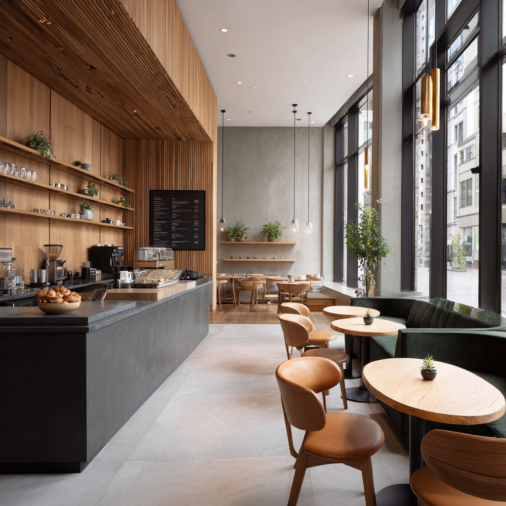 An ultra-modern coffee shop features a dark gray counter, natural wood slat walls and ceiling, tan leather chairs and a dark green velvet built-in bench seating area, and tall windows that overlook a city street.