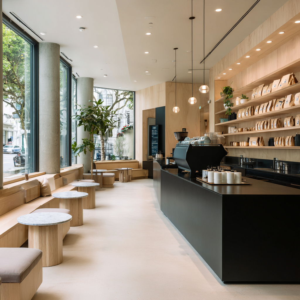 The interior of a sleek, modern coffee shop features a long black counter with an espresso machine, blonde wood shelving stocked with merchandise, light-colored flooring, and a window seating area with built-in wooden benches and small round tables.