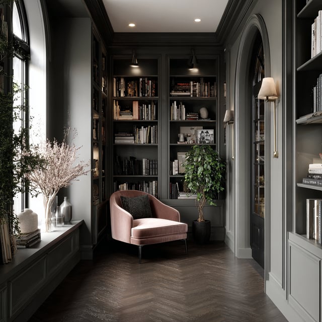 A cozy reading nook features a light pink velvet armchair nestled between dark-paneled built-in bookshelves, with light streaming in from a large arched window on the left.