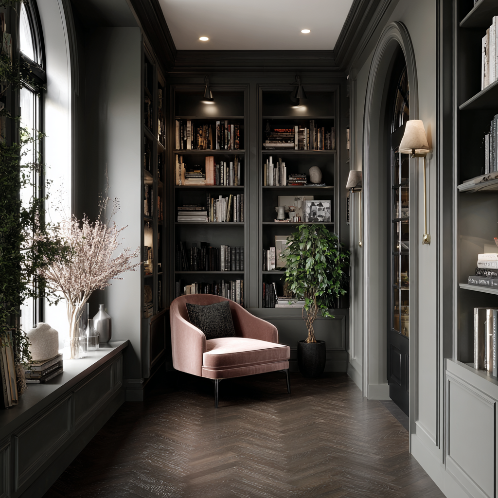 Urban library with charcoal walls, arched doors, and a pink chair.