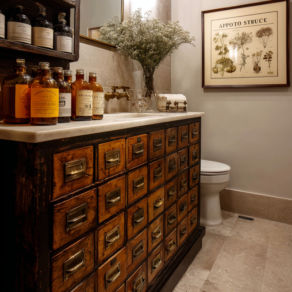 Apothecary-themed bathroom with a dark wood multi-drawer vanity.1