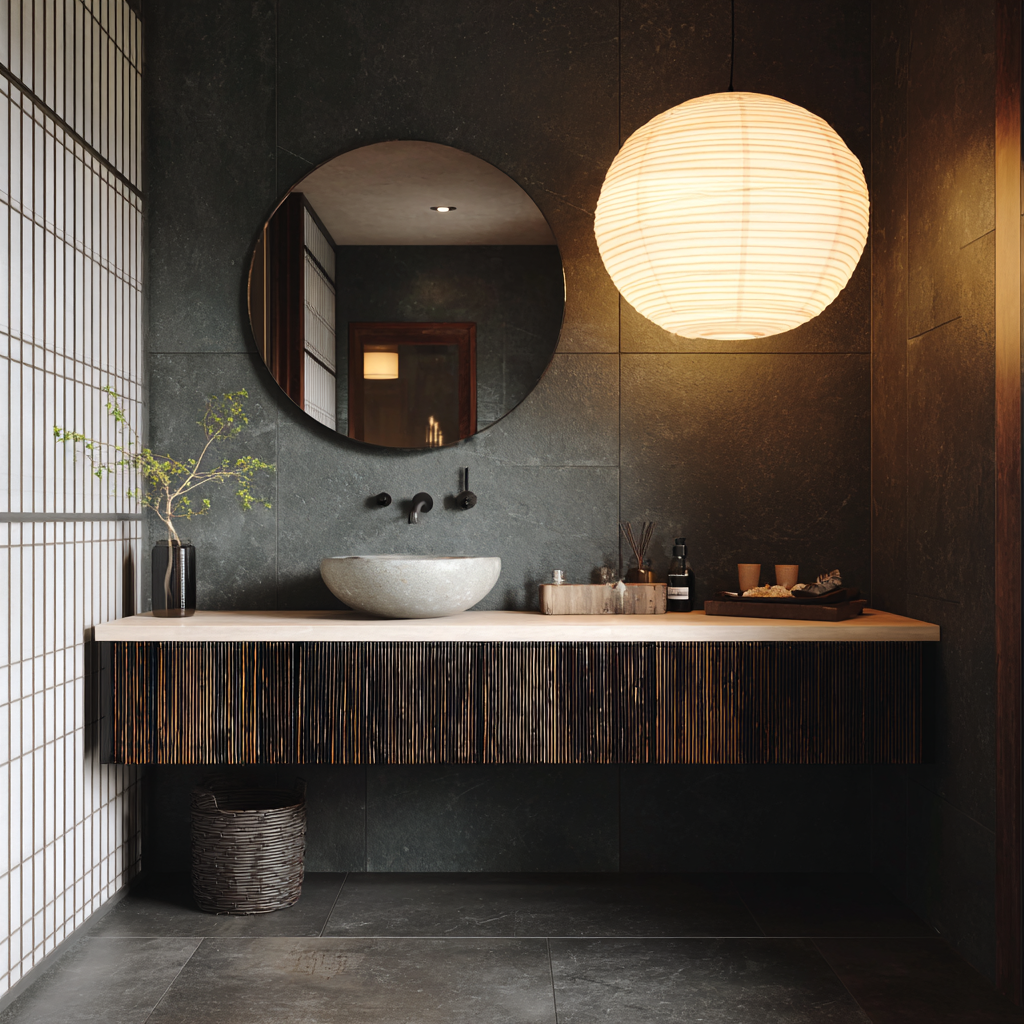 Japandi style powder room with dark walls and flooring