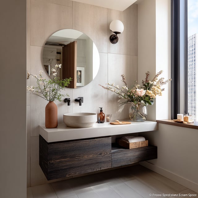 Zen bathroom with a dark wood vanity and a stone basin.