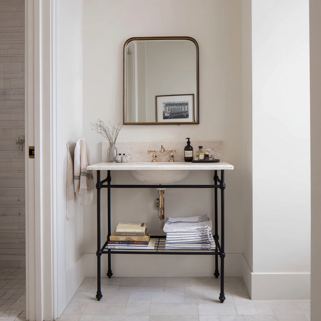 Bathroom vanity with a marble top and black metal base.