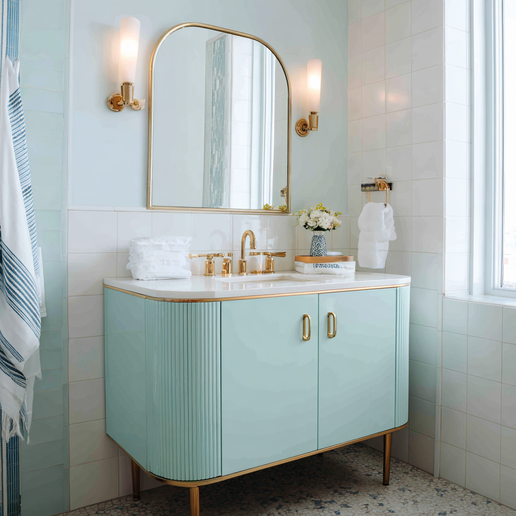 Bright bathroom mint cabinet with gold fixtures and a mix of white tiles and mint painted walls.