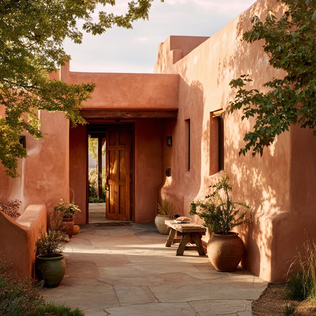 Terracotta-colored adobe exterior with a stone path and wooden door.