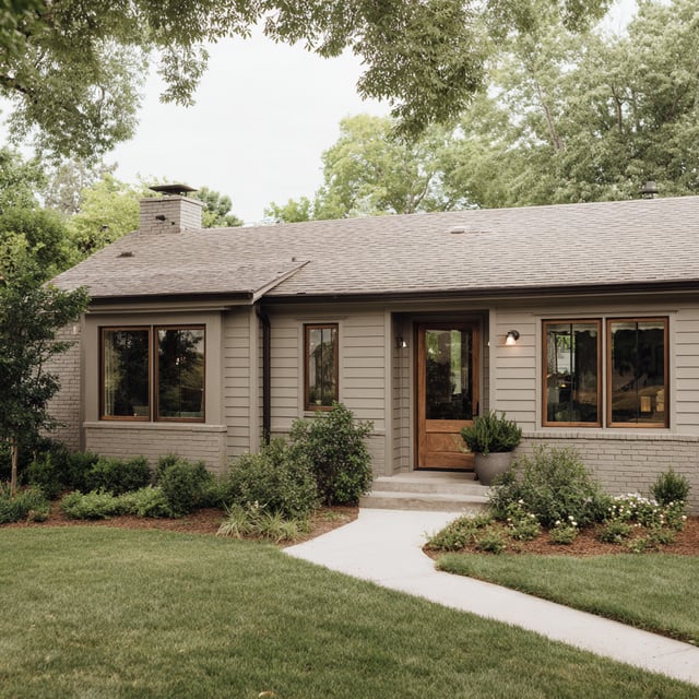 The image depicts the exterior of a one-story house with light olive-green horizontal siding and a matching brick facade, featuring dark-trimmed windows, a wooden front door, and a light-colored walkway leading up to it, all surrounded by green lawn, bushes, and trees.