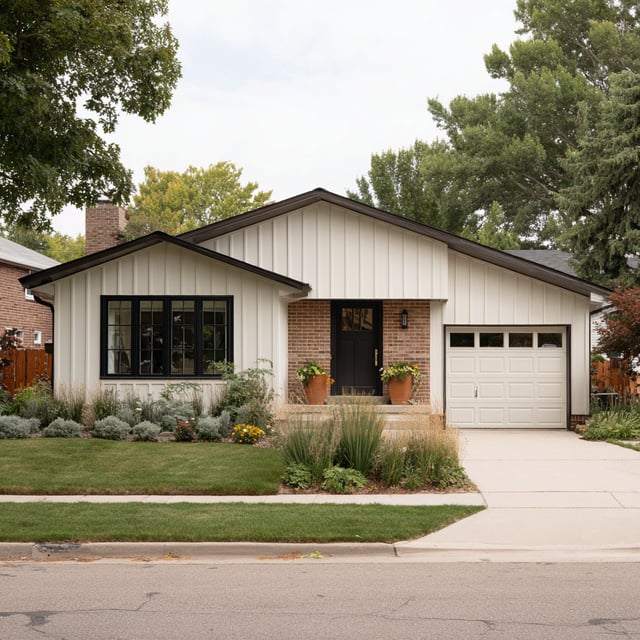 Modern ranch house with white siding, brick, and dark trim.