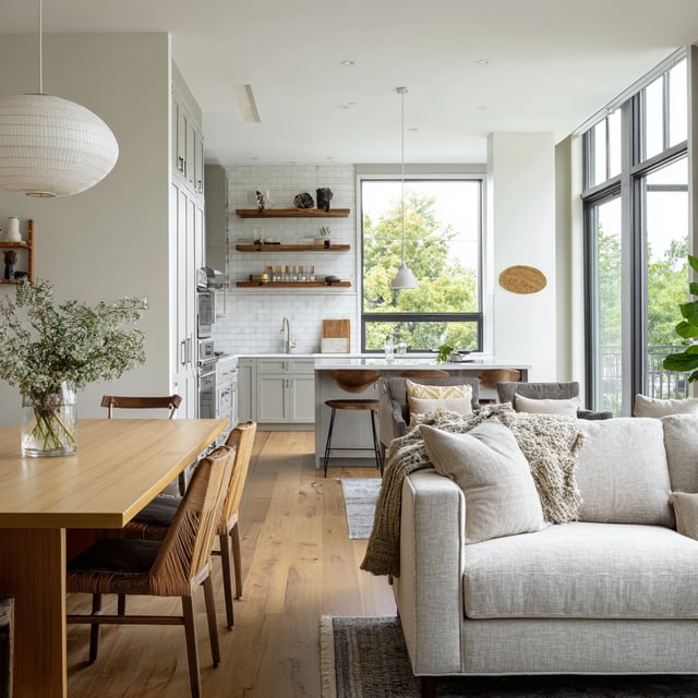 A modern, open-plan kitchen, dining, and living area.