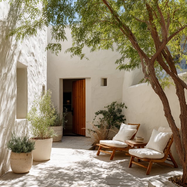 A bright, serene outdoor patio space with a distinct Mediterranean or southwestern feel.