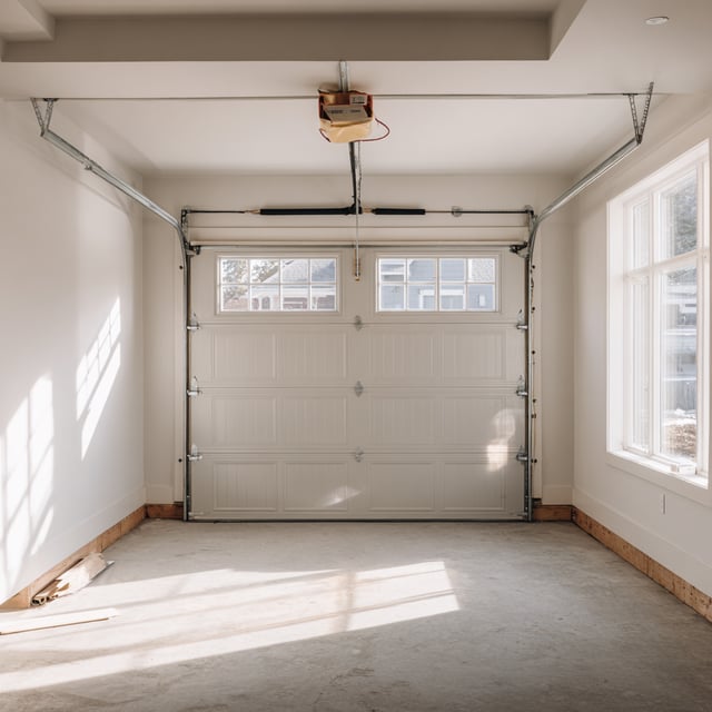 White, bright, empty garage with open door mechanism.