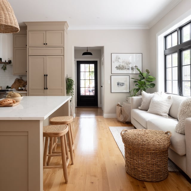  Tan kitchen and living area with island stools and a sofa.