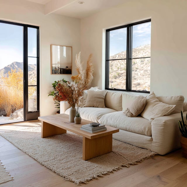 A cozy, bright living room with large windows and a view.