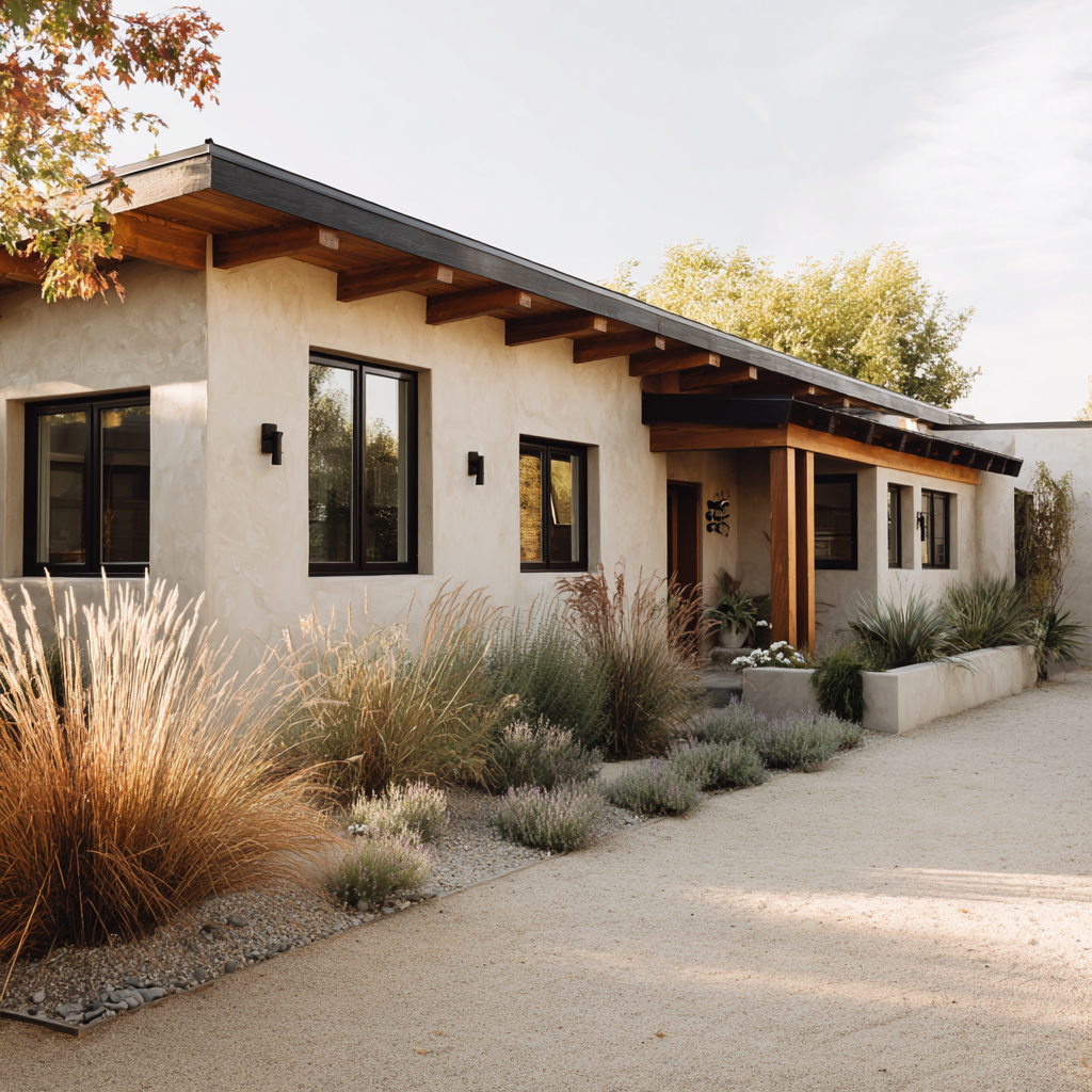 A modern, light-colored stucco home with a dark-trimmed, low-sloping roof and exposed wooden beams is surrounded by decorative grasses and low-lying shrubs along a gravel driveway.