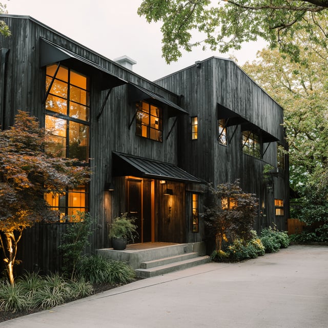 Modern black wood house exterior with warm glowing windows.