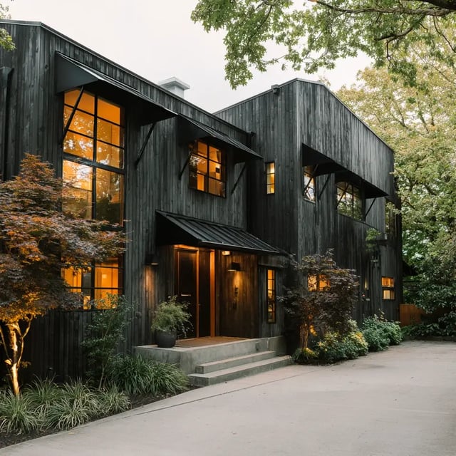 Dark timber house glowing warmly beneath leafy trees.