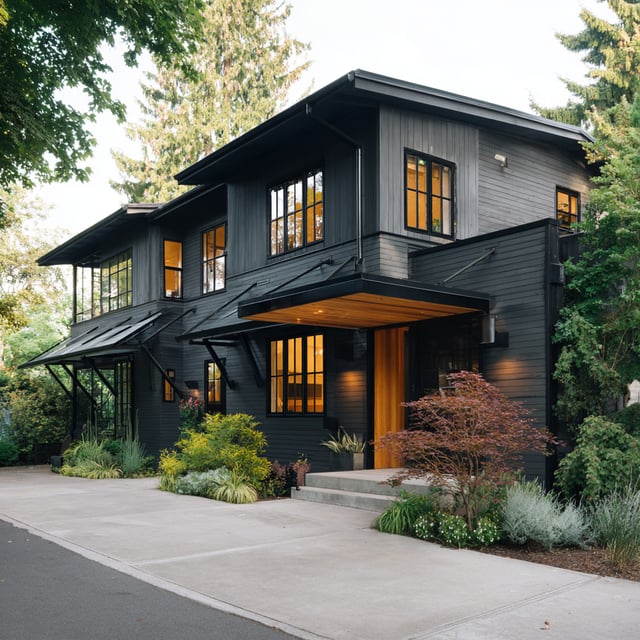 A modern, two-story house with dark gray siding, numerous windows, a flat roof, and a wooden front door, surrounded by lush greenery and a concrete driveway.