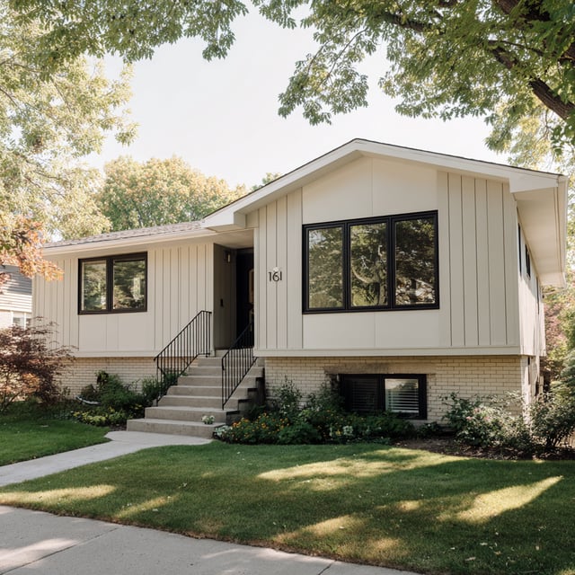 A split-level suburban home with light-colored vertical siding and dark-trimmed windows.