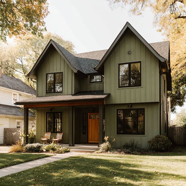 Green, two-story house with a wooden door and porch.