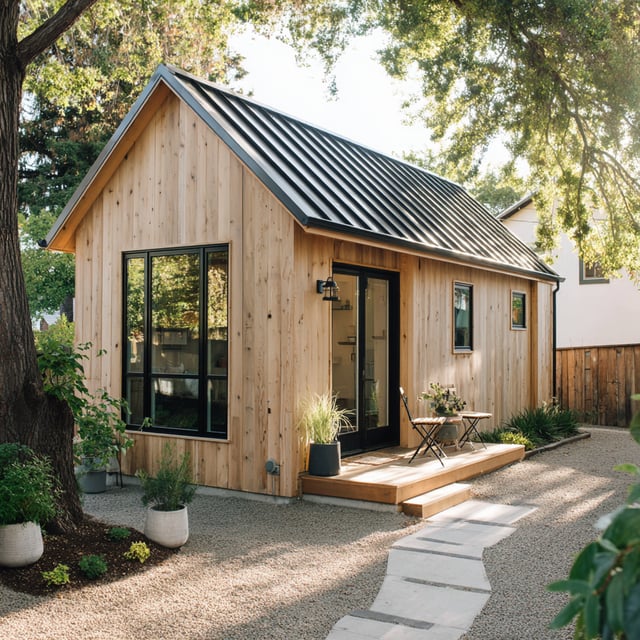 Modern wood cabin with a black metal roof and glass doors.