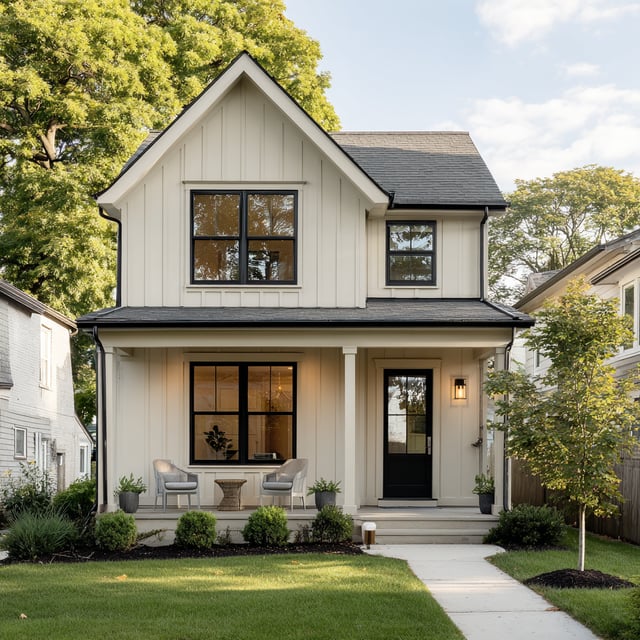 Two-story farmhouse with black trim and a front porch.