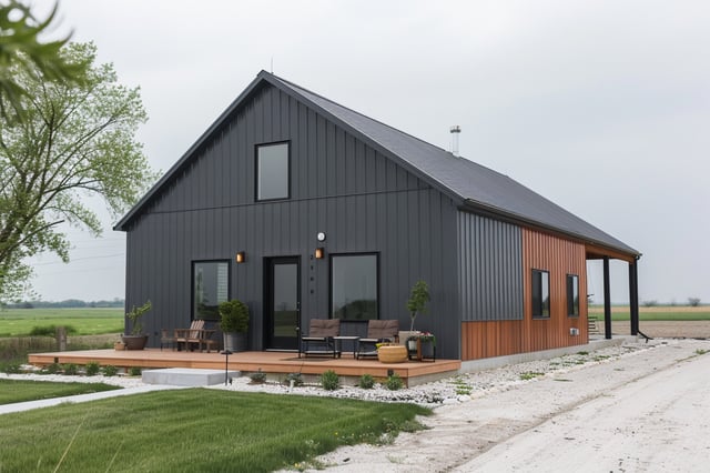 Modern dark metal barndominium with wood accents and a deck.