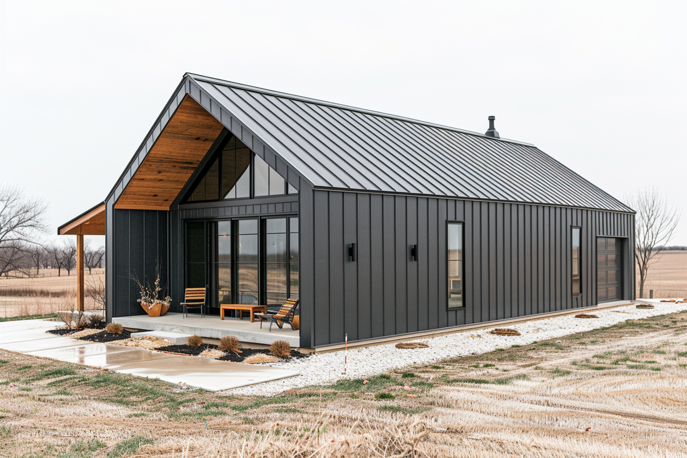 A modern, dark gray barn-style house with a black metal roof and natural wood accents is set on a concrete pad in a wide, grassy field under an overcast sky.