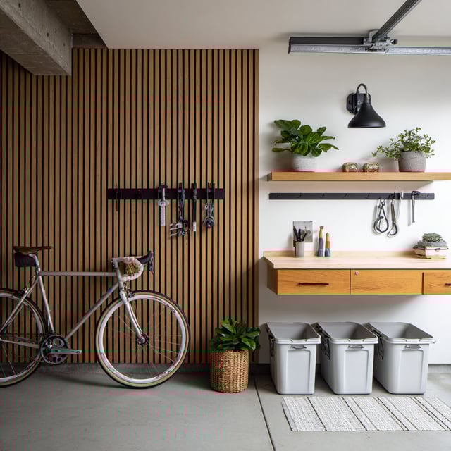 Garage with bike, wood slat wall, and storage.