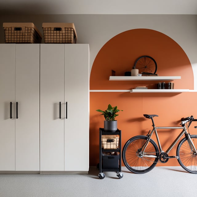 Minimalist garage with white cabinets and a bicycle.