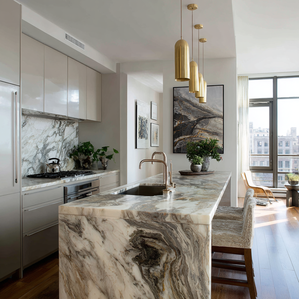 A luxurious kitchen features a waterfall island and matching backsplash made of highly-veined brown, gray, and white marble, complemented by glossy light-gray flat-panel cabinets, gold plumbing fixtures, four gold cylindrical pendant lights, and a wooden floor.