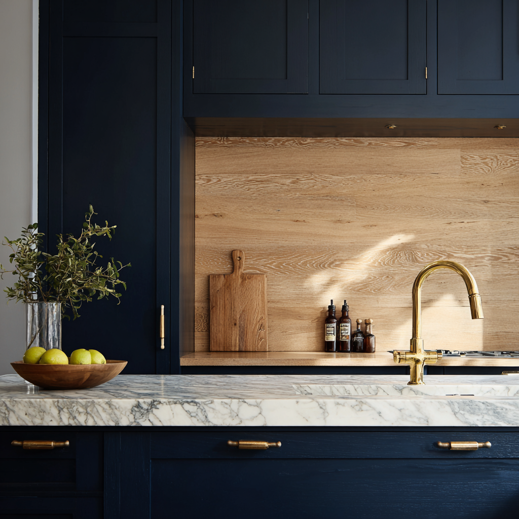 Artisan kitchen with oak backsplash with deep navy cabinets.