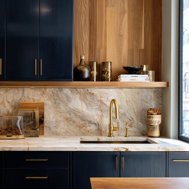 A luxurious kitchen with dark blue cabinets and wood paneling.