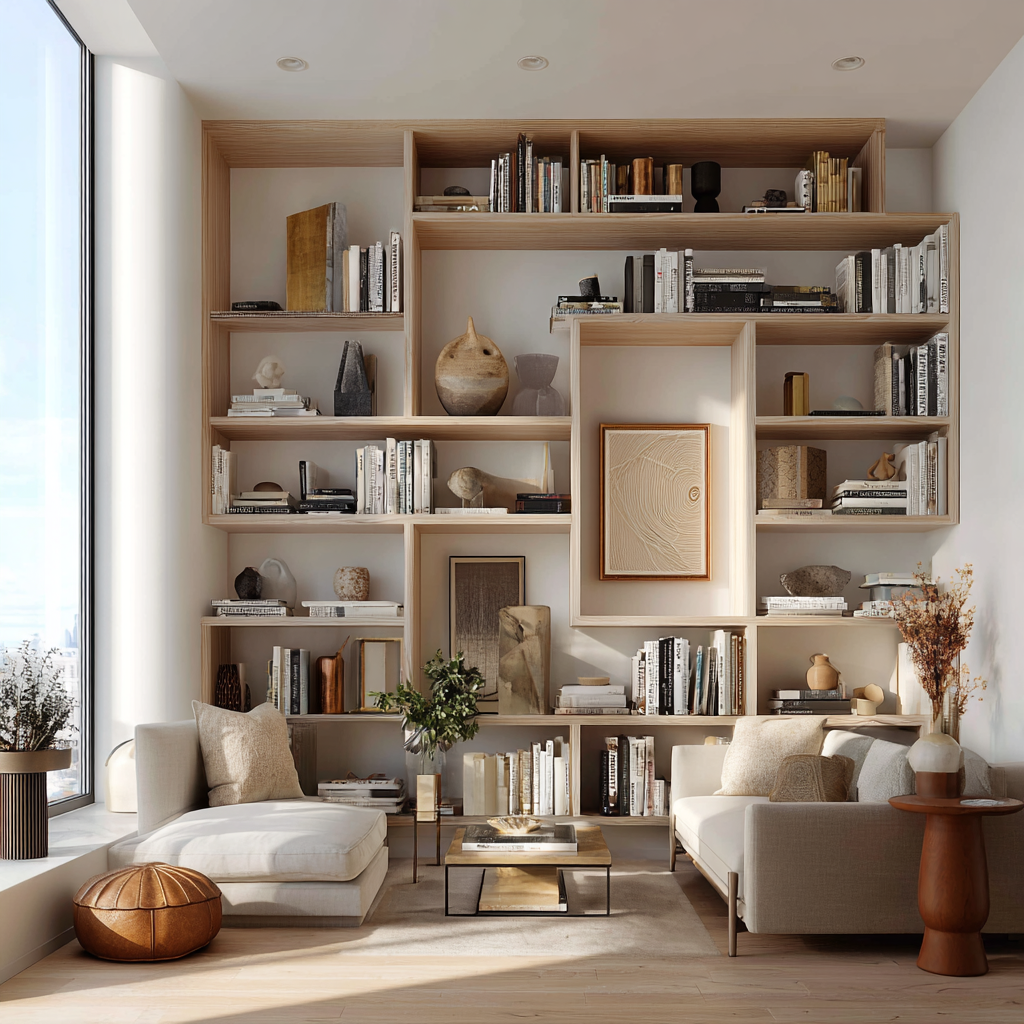 A modern living room featuring a large, asymmetrical built-in light wood bookcase filled with books and art, paired with neutral contemporary seating and a minimalist coffee table.