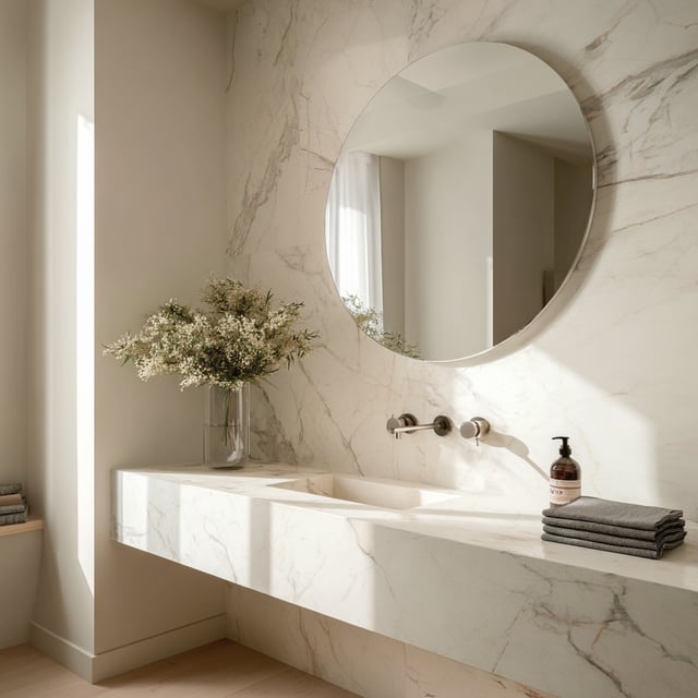 Marble bathroom with a floating vanity and a round mirror.
