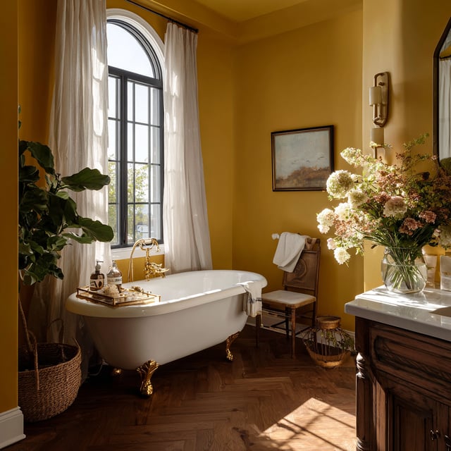 A bright, mustard-yellow bathroom with a clawfoot tub, a large arched window with sheer white curtains, and a dark wood vanity and floor.