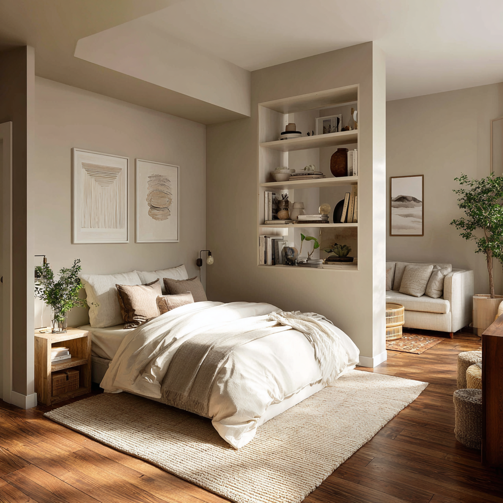 A neutral-toned bedroom layout featuring a built-in room divider shelving unit and warm wood flooring.