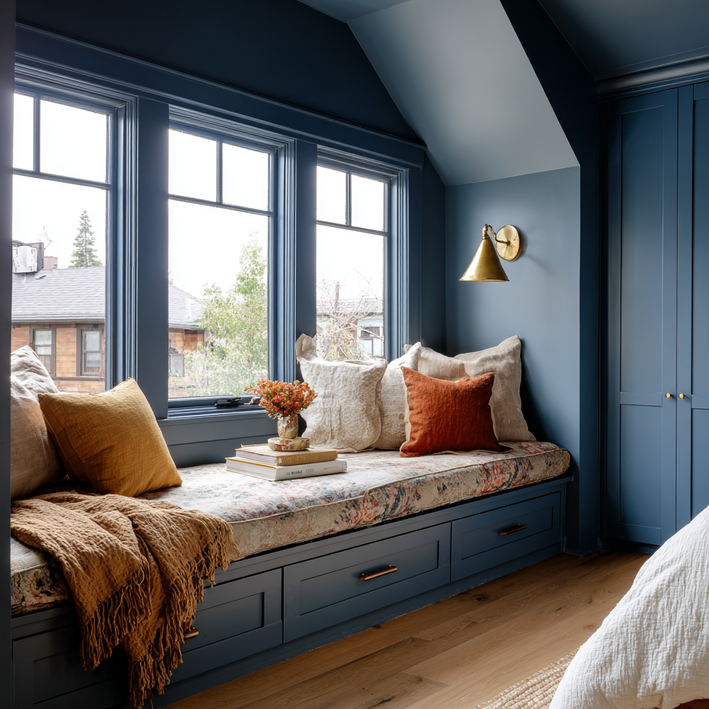 Blue bedroom with built-in window seat and drawers.
