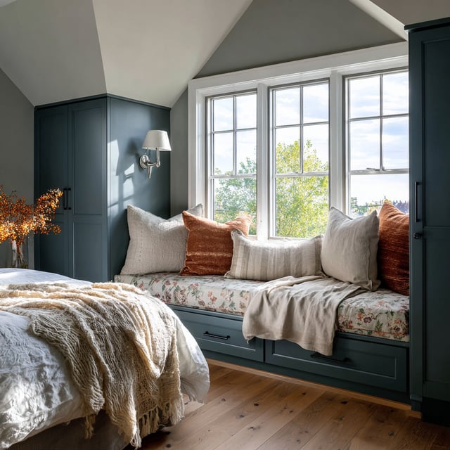 Bedroom built-in window seat with storage and pillows.