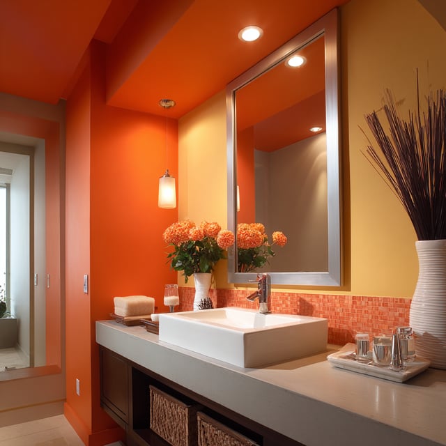 Vibrant orange bathroom with a square sink and silver mirror.