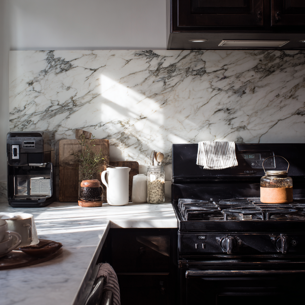A close-up shot of a sun-drenched kitchen counter with a black stove, a coffee maker, wooden cutting boards, and a white pitcher set against a boldly veined marble backsplash and countertop.