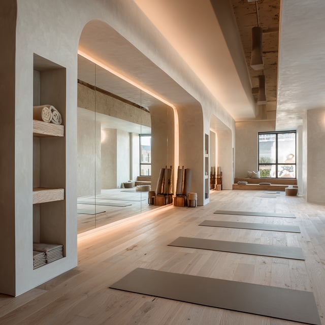 Serene, minimalist yoga studio with light wood floors, a large mirror, and several yoga mats.