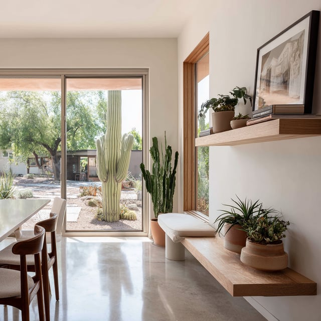 Bright interior with desert landscaping and floating shelves.